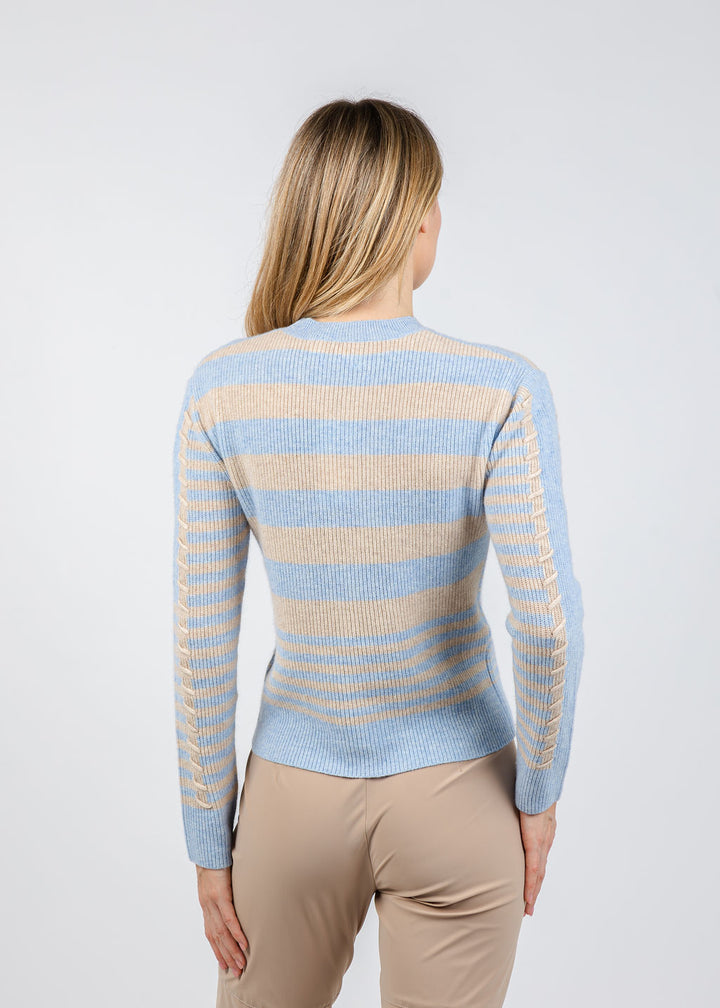 Whisper by Brodie Mix Stripe Crew Sweater in Blue Mist/Cygnet available at Barbara Katz