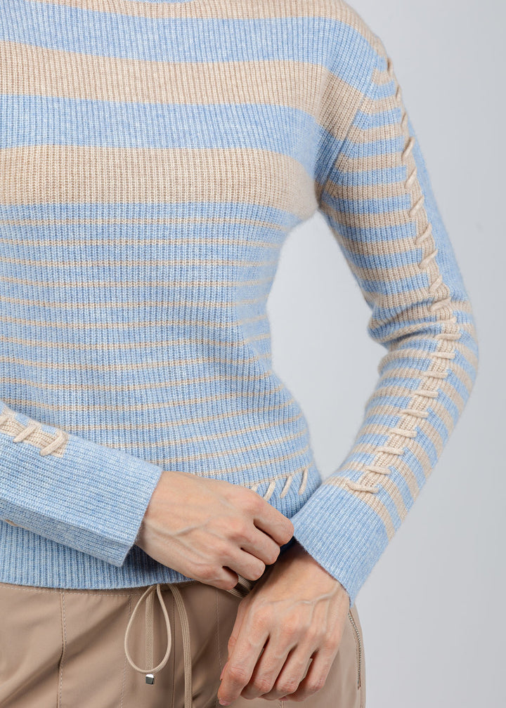 Whisper by Brodie Mix Stripe Crew Sweater in Blue Mist/Cygnet available at Barbara Katz