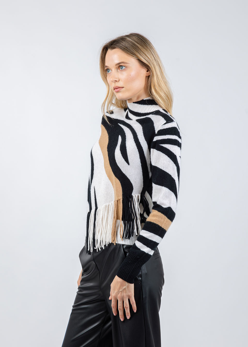 Whisper by Brodie Zebra Fringe Mock Neck Sweater in Organic White/Black available at Barbara Katz