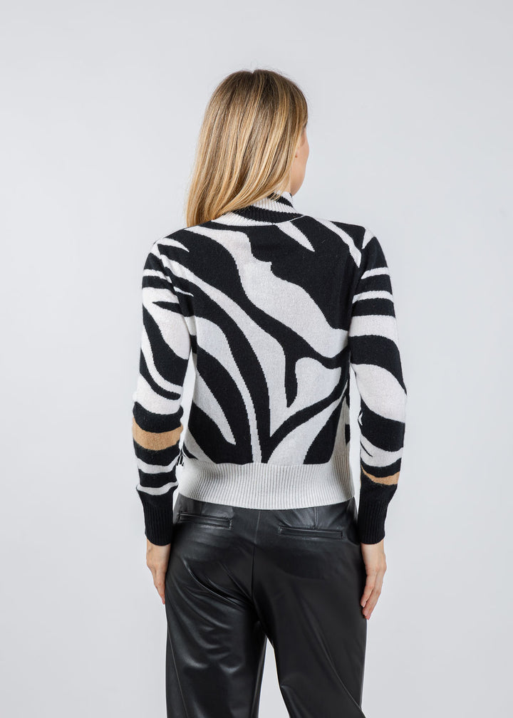 Whisper by Brodie Zebra Fringe Mock Neck Sweater in Organic White/Black available at Barbara Katz