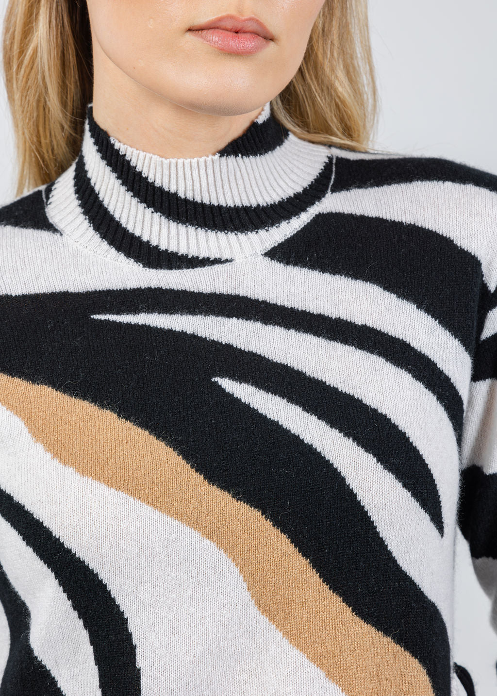 Whisper by Brodie Zebra Fringe Mock Neck Sweater in Organic White/Black available at Barbara Katz