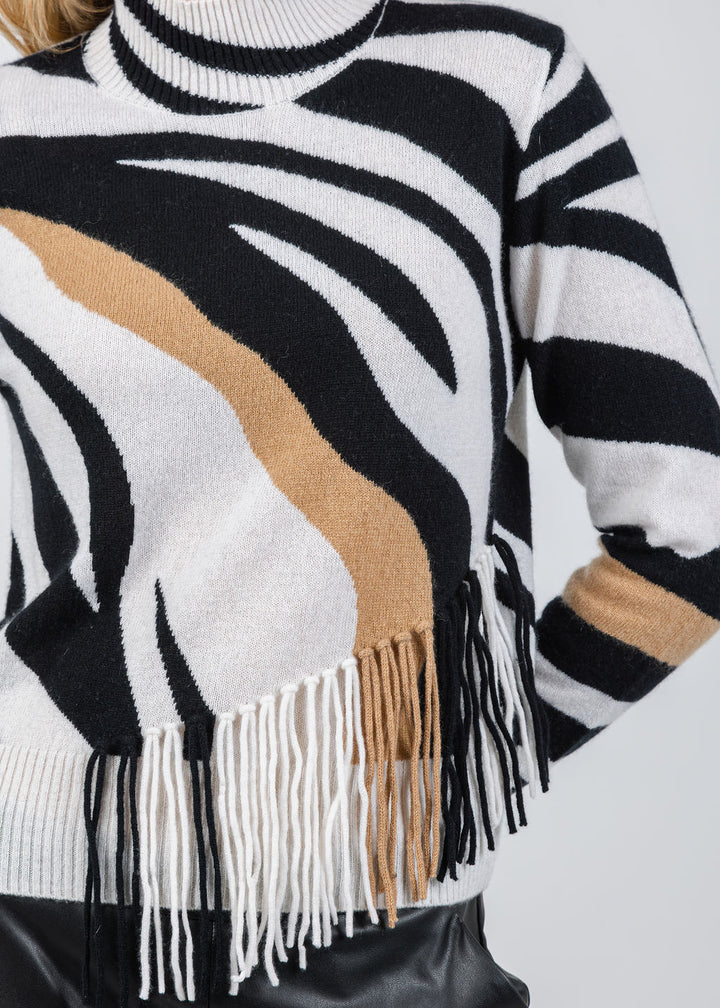 Whisper by Brodie Zebra Fringe Mock Neck Sweater in Organic White/Black available at Barbara Katz