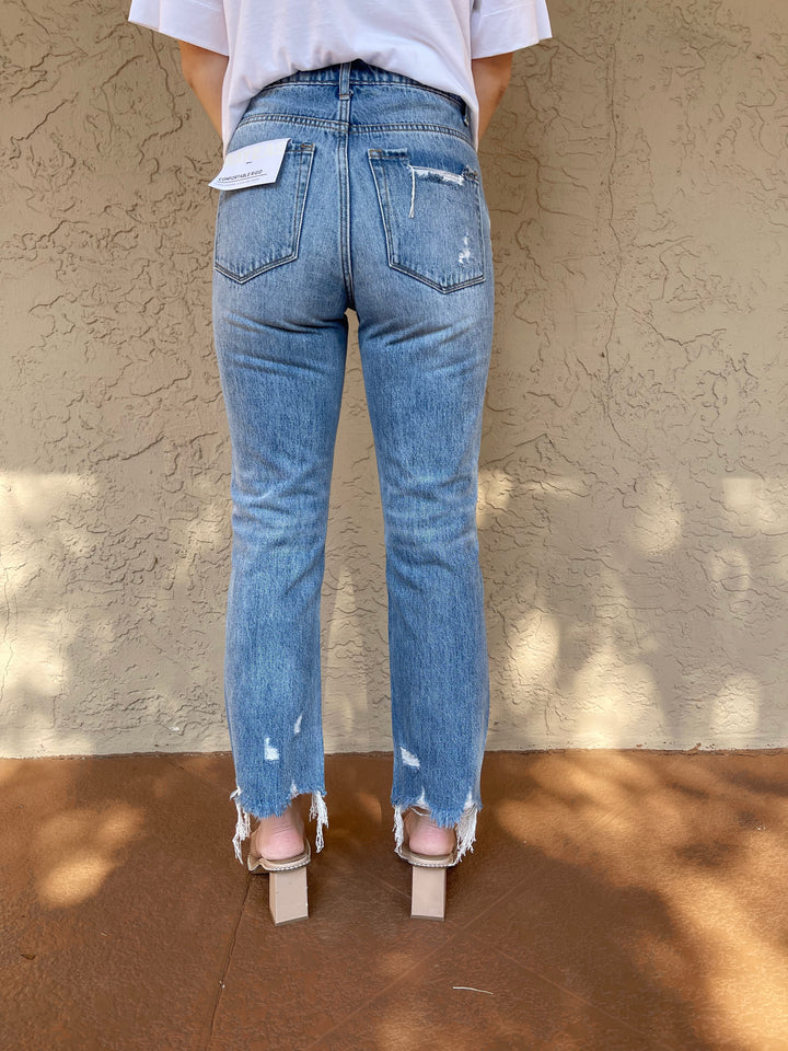High Rise Crop Straight Leg Jeans with Lace