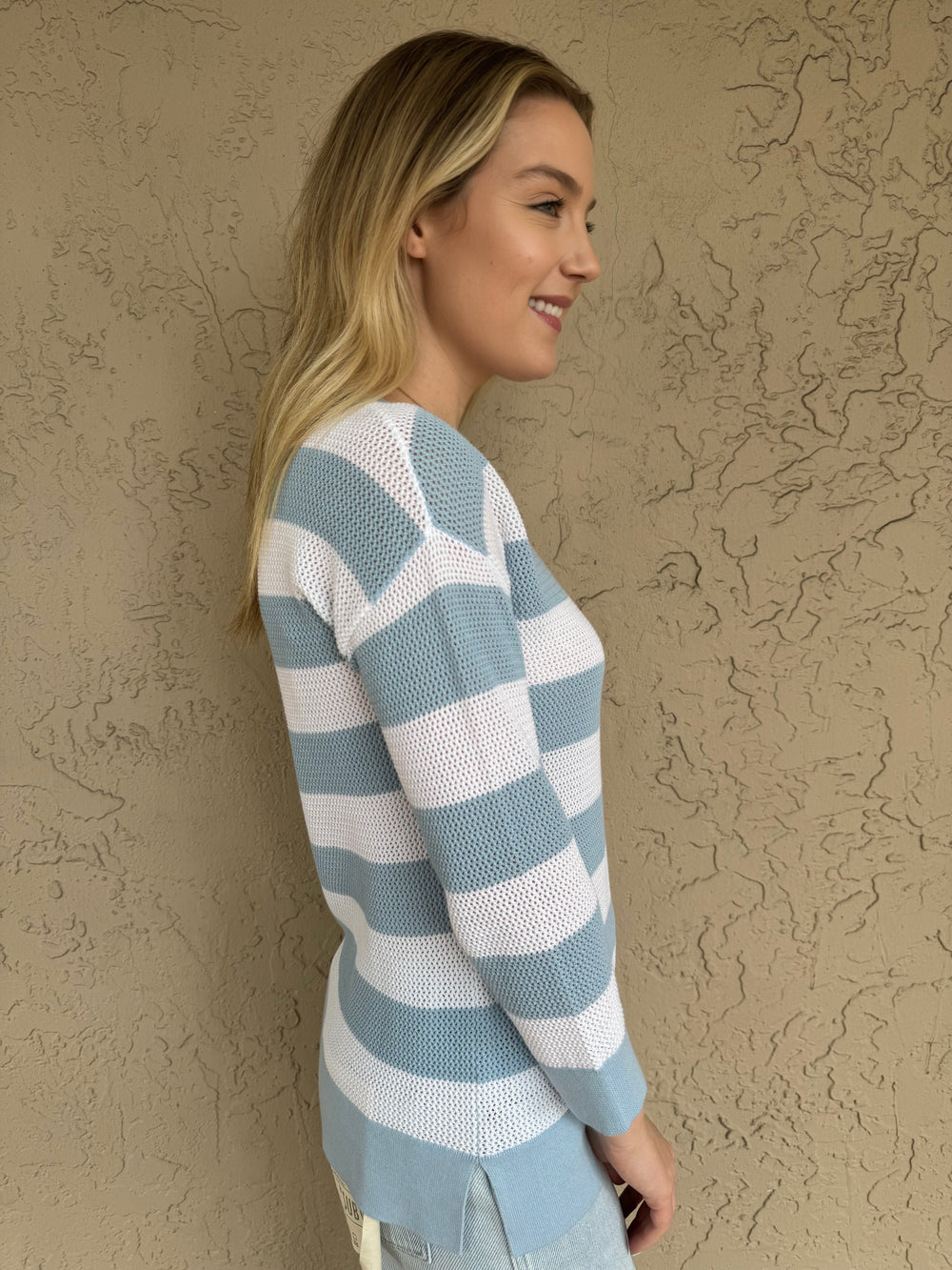 Pure Amici Stripe Slip On Crew Sweater - Cloud