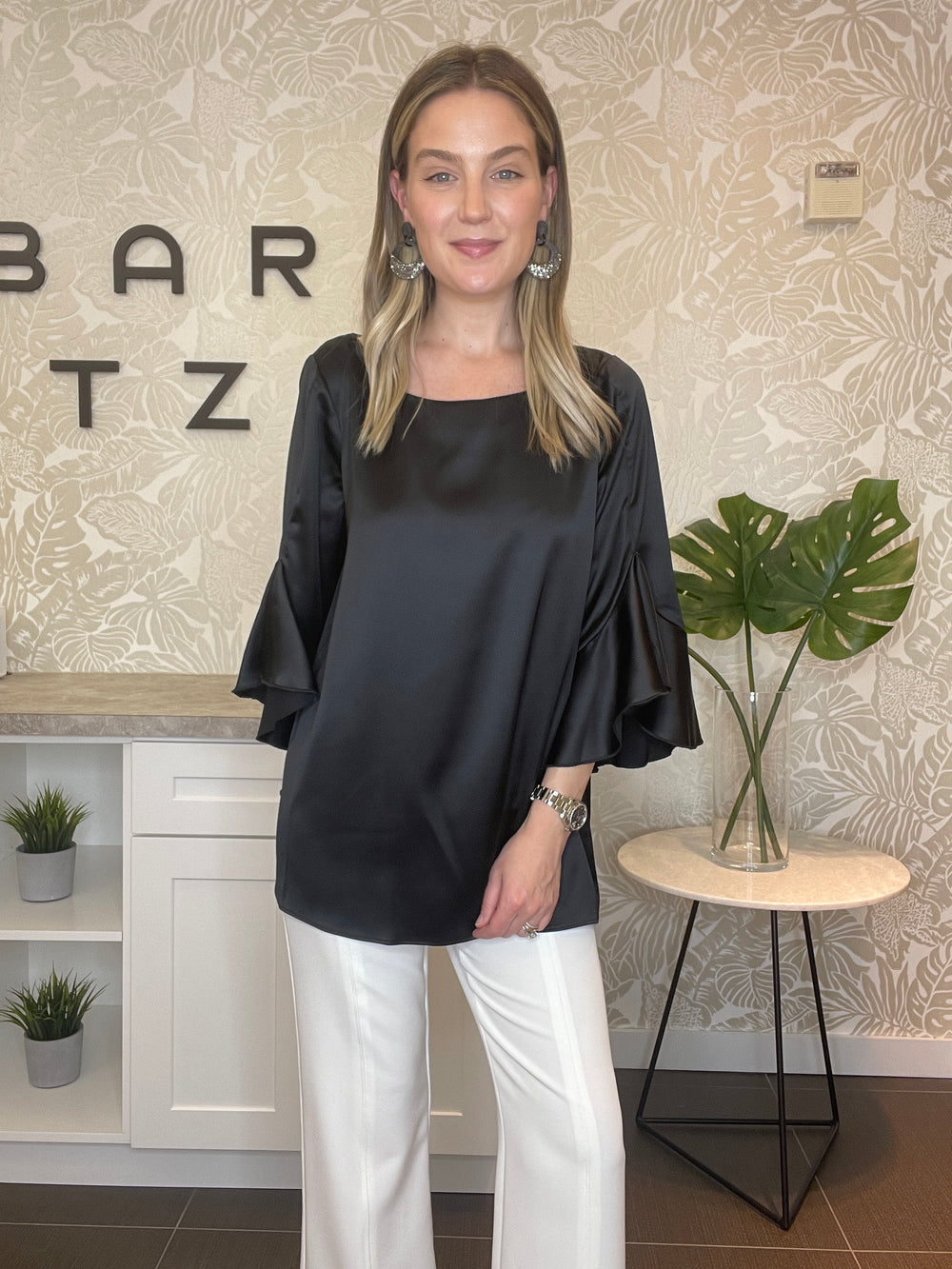 Barbara Katz Luxe Satin Flounce Sleeve Top - Black