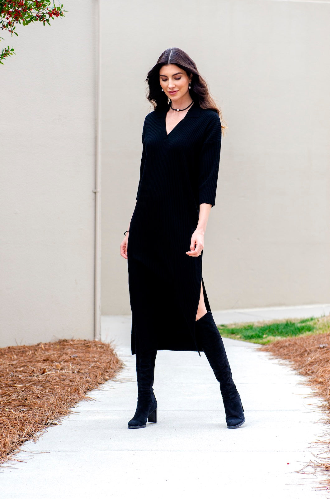 gabriella midi dress Gabriella Vertical Rib-Knit 3/4 Sleeved Midi Dress