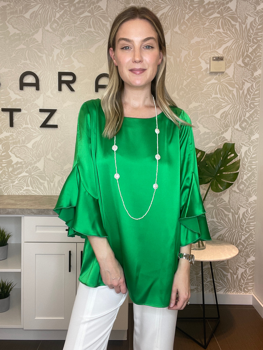 Barbara Katz Luxe Satin Flounce Sleeve Top - Emerald