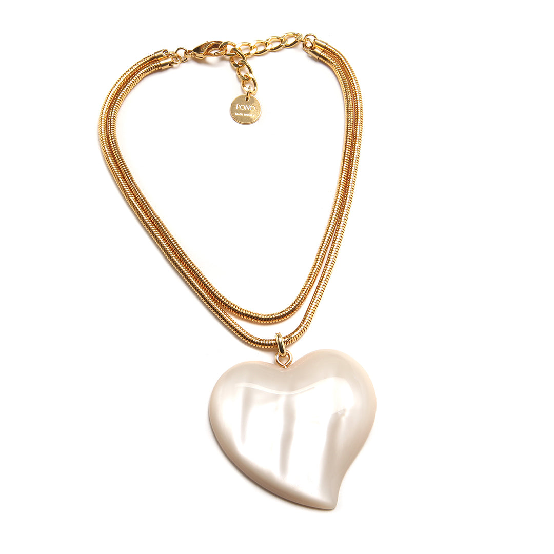 Pono Carole Necklace with Pearl Heart Pendant & Brass Snake Chain