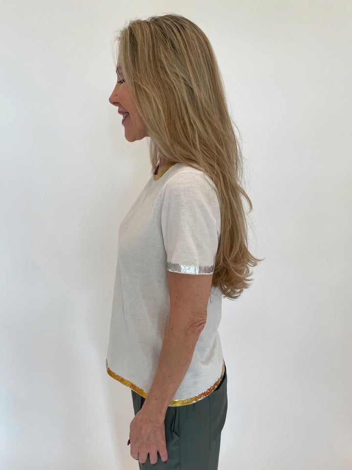Peace of Cloth White Sonya Short Sleeve Crew Top With Foil Trim available at Barbara Katz