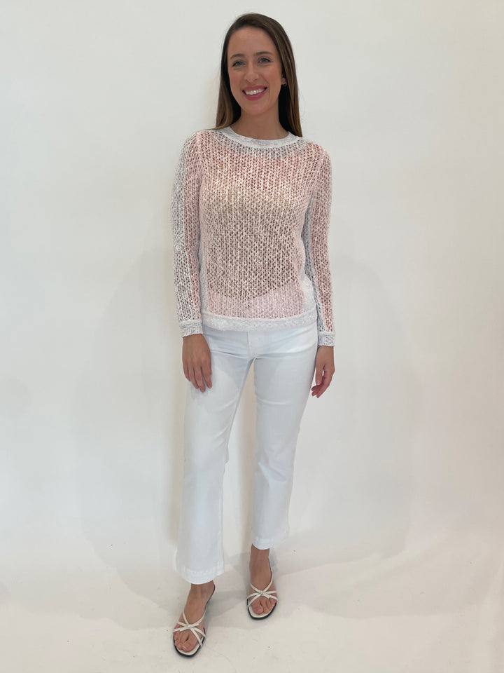 Peace of Cloth Lolita Mesh Sweater in Petal paired with Elliott Lauren 5-Pocket Baby Boot Crop Jeans in white available at Barbara Katz