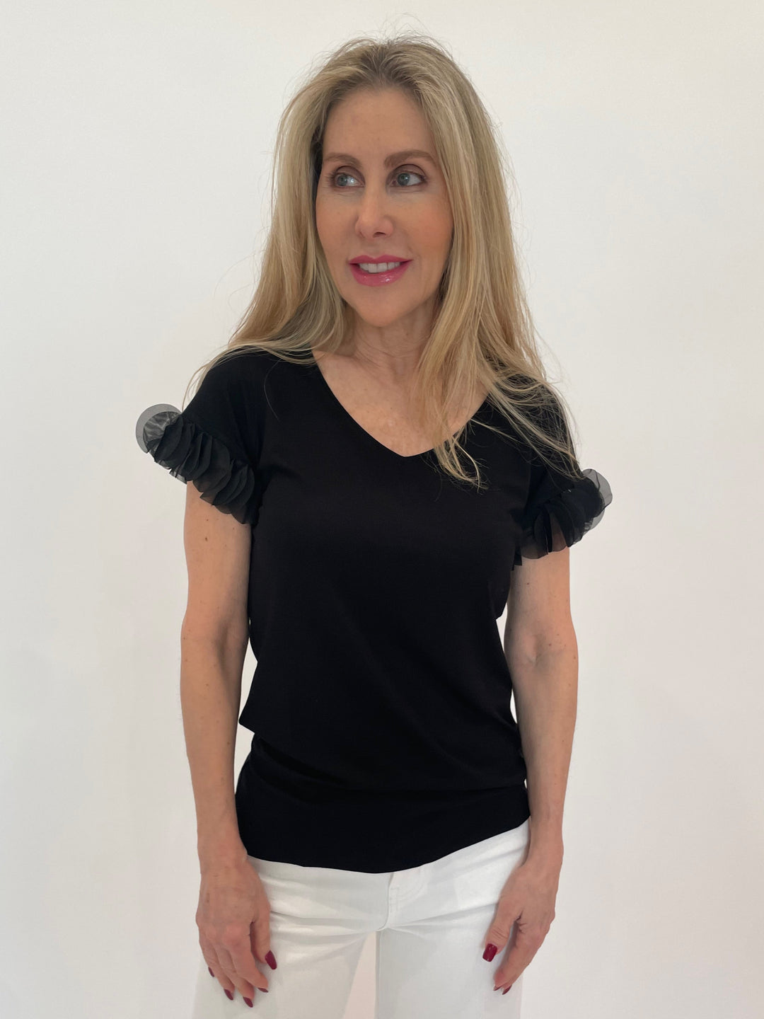 Bariloche Acapulco Ruffle Top in Black available at Barbara Katz