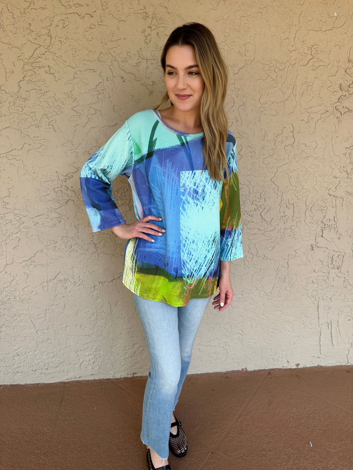 Andrea Geer Thermal Knit Aline Top - Blue Print