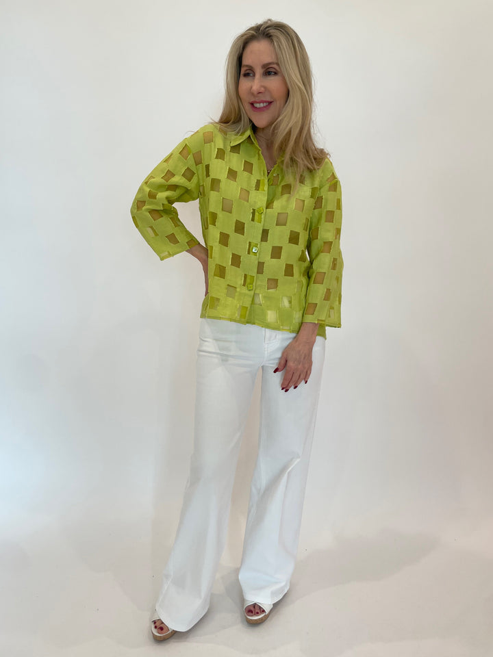 LIV by Habitat Alina Outside The Box Tunic in Lime paired with Frame Le Slim Palazzo Jeans in White available at Barbara Katz