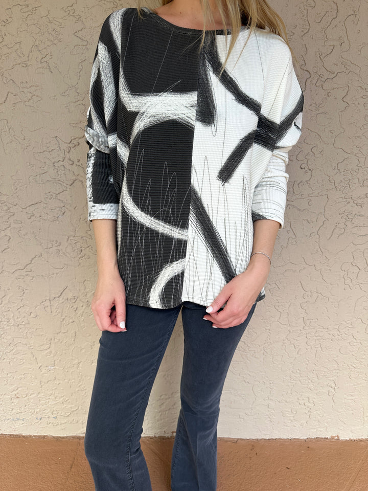 Andrea Geer Thermal Knit Crop Boxy Top - Grey/White