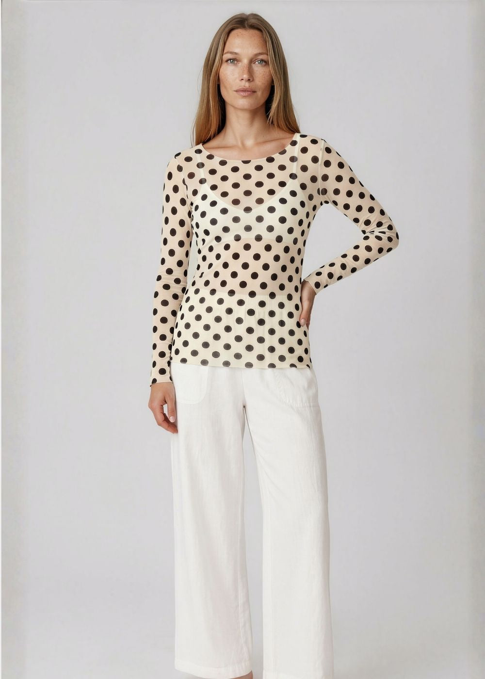 AMB Polka Dot on White NudiTee Sheer Top available at Barbara Katz