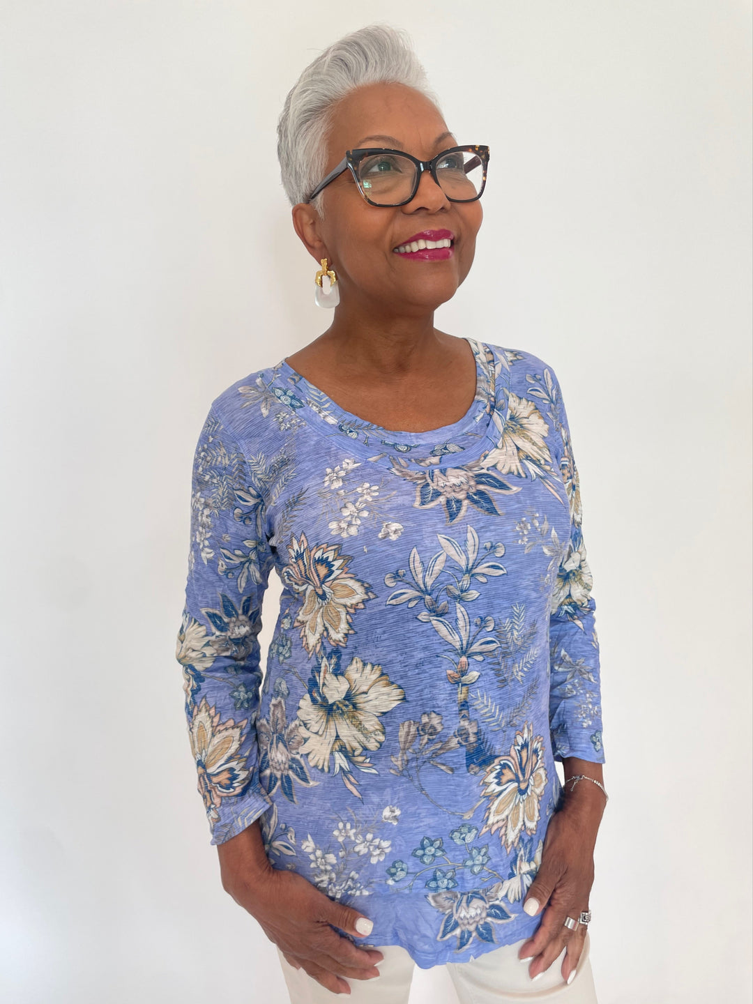 David Cline Luna Double Layer Top in Capri with Alexis Bittar Luminous Clear Lucite Rectangular Door Knocker Earrings available at Barbara Katz