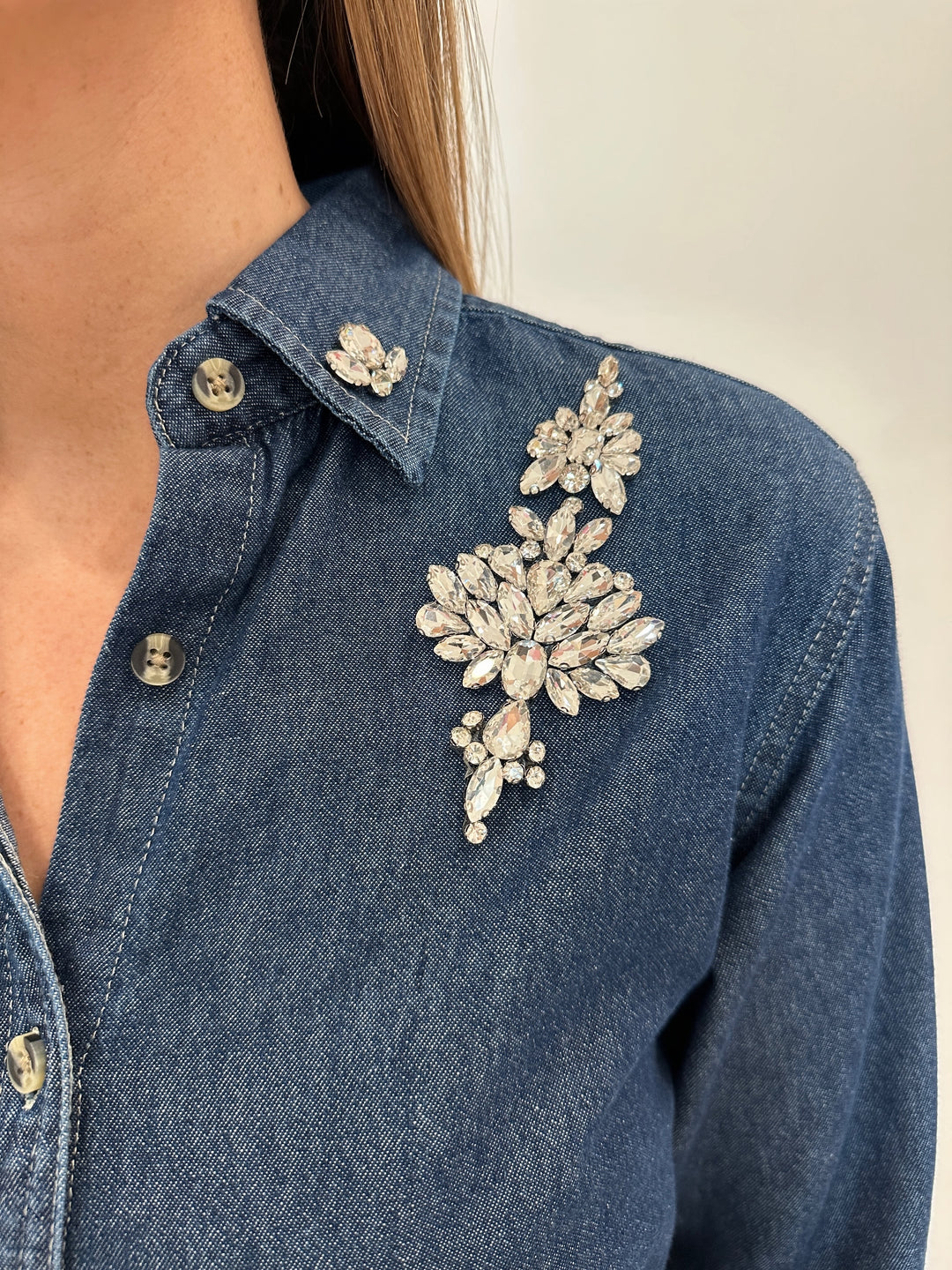 Suzy T Esther Denim Shirt With Pearls available at Barbara Katz