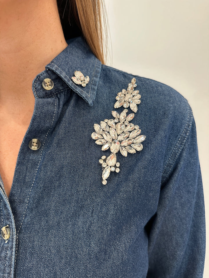 Suzy T Esther Denim Shirt With Pearls available at Barbara Katz