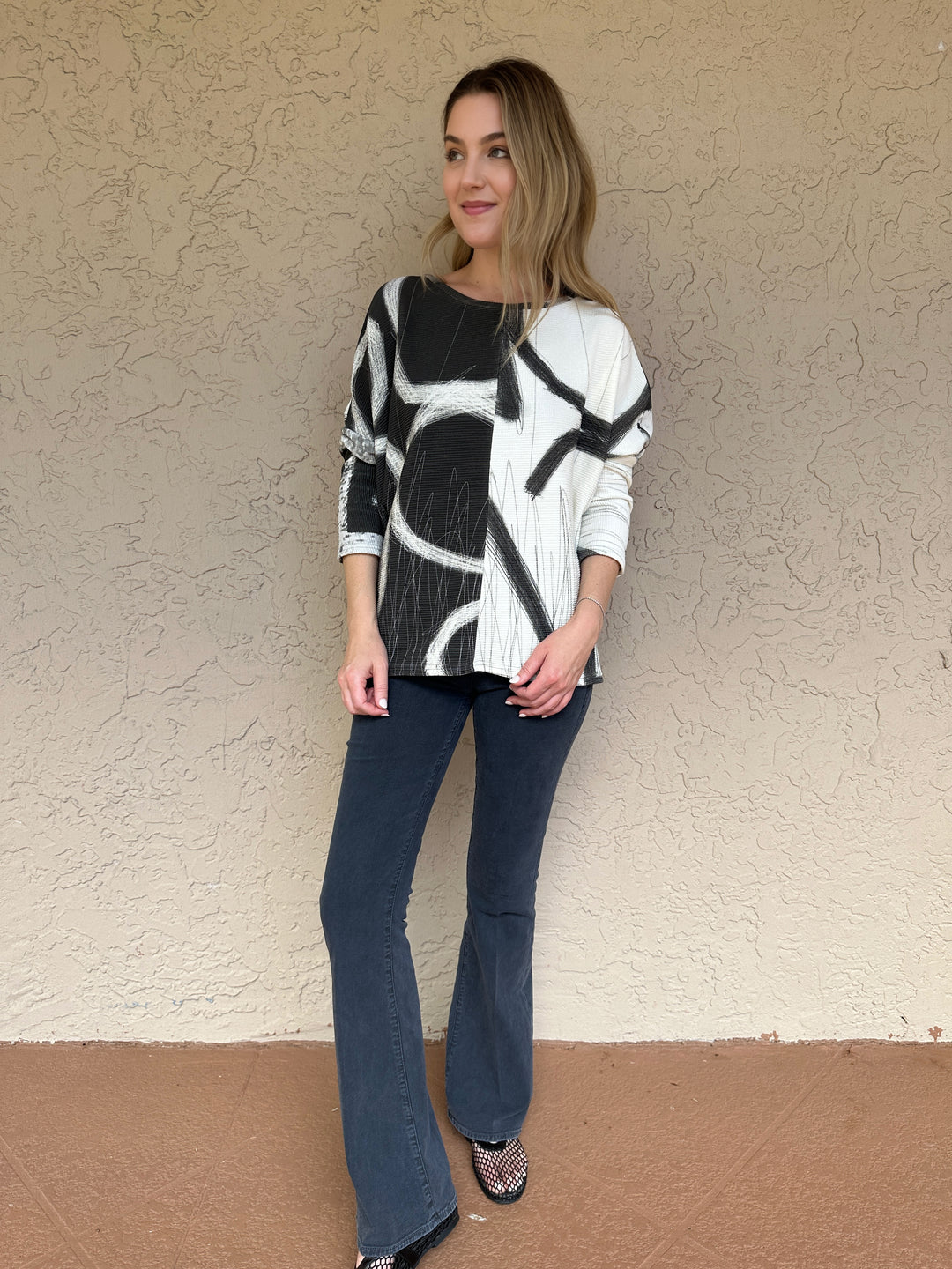 Andrea Geer Thermal Knit Crop Boxy Top - Grey/White