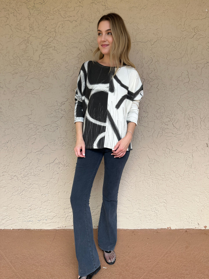 Andrea Geer Thermal Knit Crop Boxy Top - Grey/White