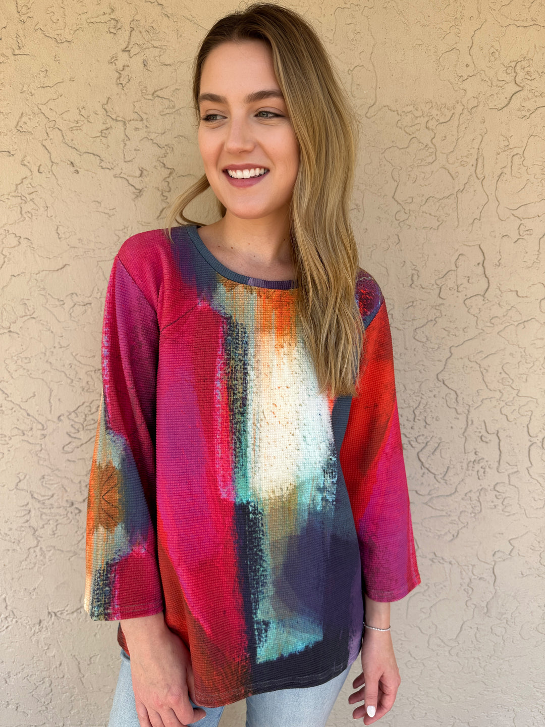 Andrea Geer Thermal Knit Aline Top - Pink Print