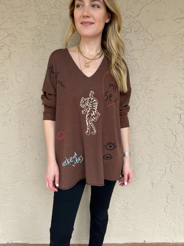 ME369 Jessie Embroidered Sweater - Brown