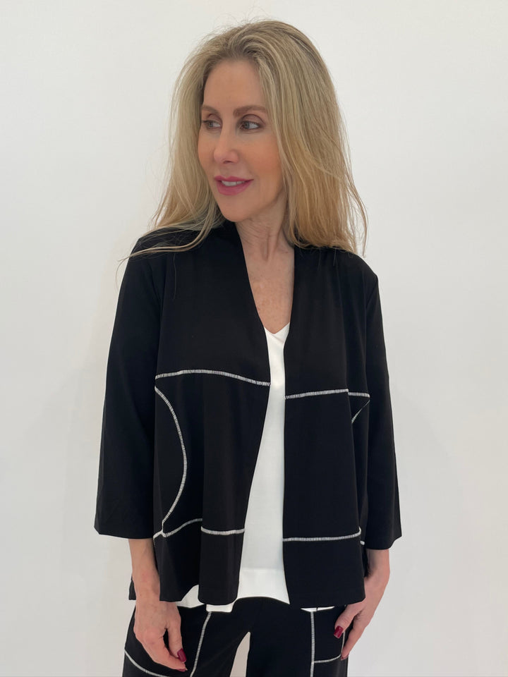 Ozai N Ku Arline Stitch Cardigan in Black with Contrast Stitch V-Neck Top underneath available at Barbara Katz