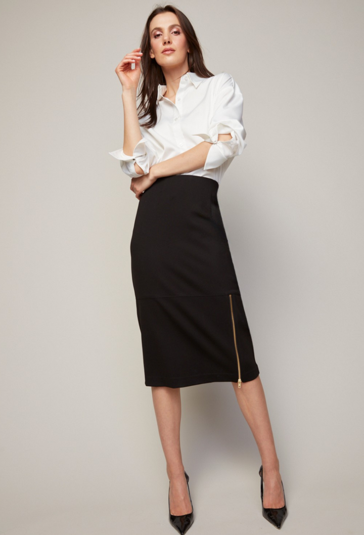 Adroit Atelier Bing Stretch Pencil Skirt With Zipper Detail in Black available at Barbara Katz