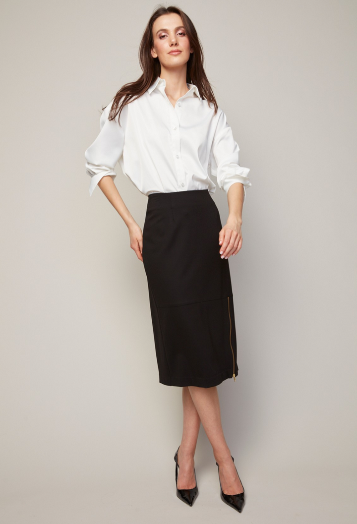 Adroit Atelier Bing Stretch Pencil Skirt With Zipper Detail in Black available at Barbara Katz