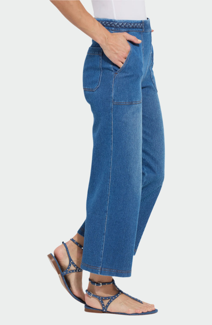 Lysse Hayes Braided Wide Leg Crop Jeans in Mid Wash available at Barbara Katz