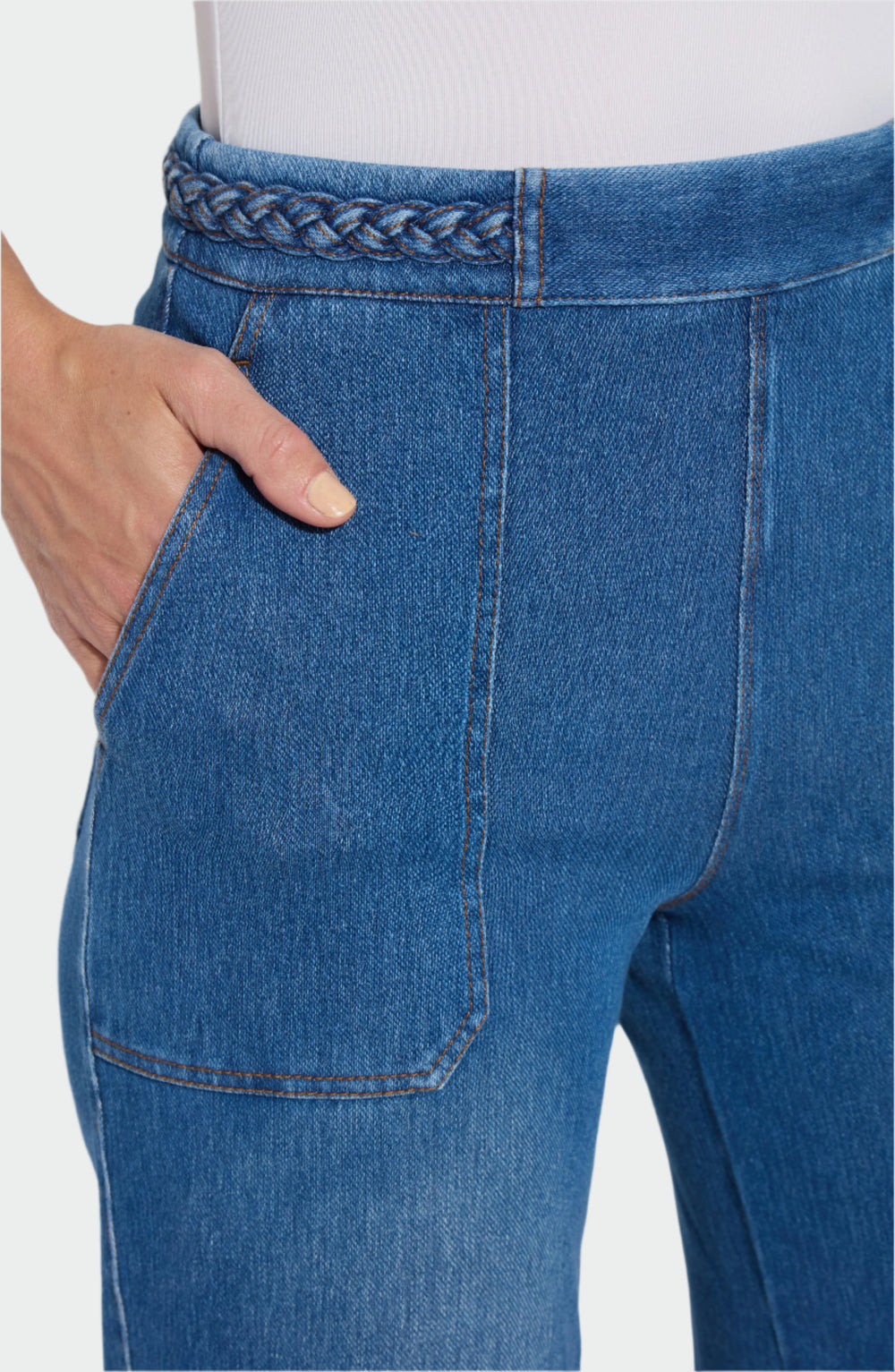 Lysse Hayes Braided Waist Wide Leg Crop Jeans in Mid Wash available at Barbara Katz