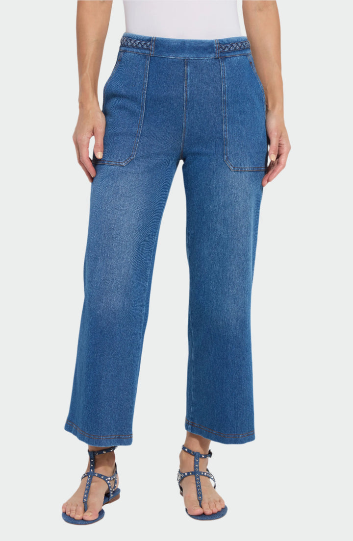 Lysse Hayes Braided Wide Leg Crop Jeans in Mid Wash available at Barbara Katz