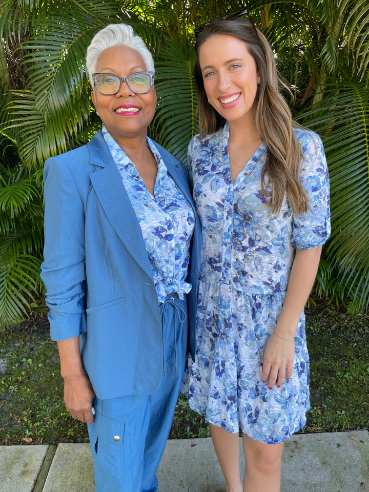 Cinq a Sept Tumbled Woven Khloe Blazer in Blue Corn with David Cline Mist Roll-Up Shirt underneath, David Cline Annabel Snap Front Tier Dress in Mist available at Barbara Katz