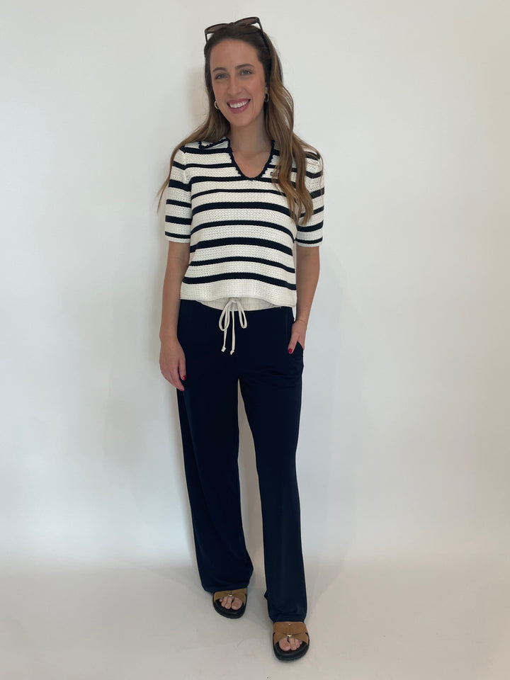 Oui Polo Pullover Sweater in White Blue paired with Oui Pull-On Trousers in Dark Blue available at Barbara Katz
