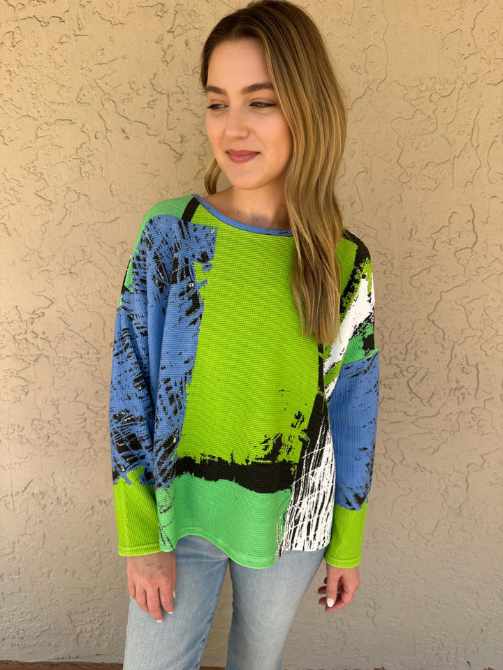 Andrea Geer Thermal Knit Crop Boxy Top - Blue/Green