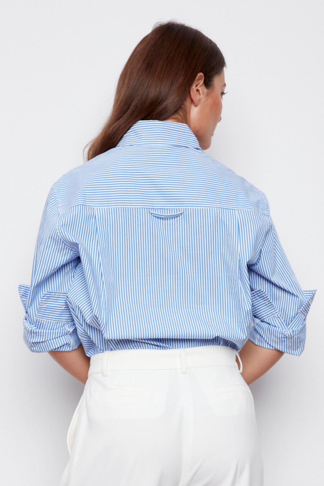 Adroit Atelier Bradley Long Sleeve Button-Front Shirt With Side Slits in Blue/White Stripe available at Barbara Katz