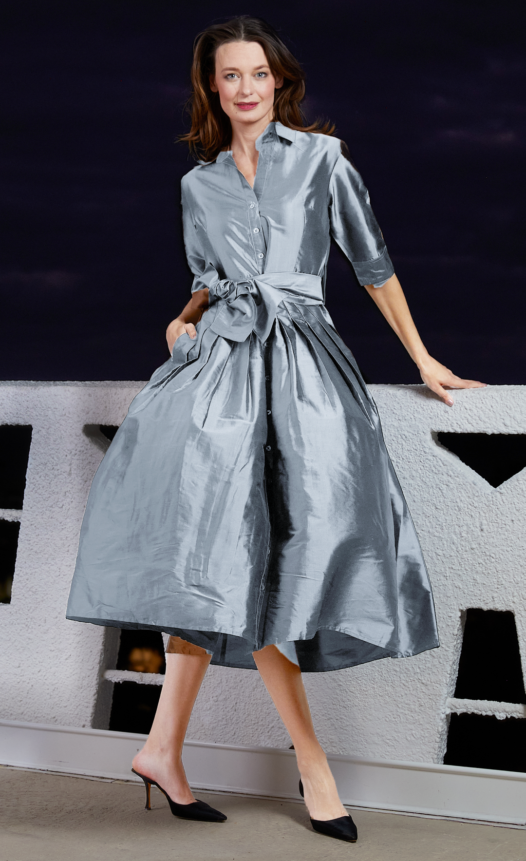 Dizzy-Lizzie Mrs Maisel Tea Length Dress in Light Blue available at Barbara Katz