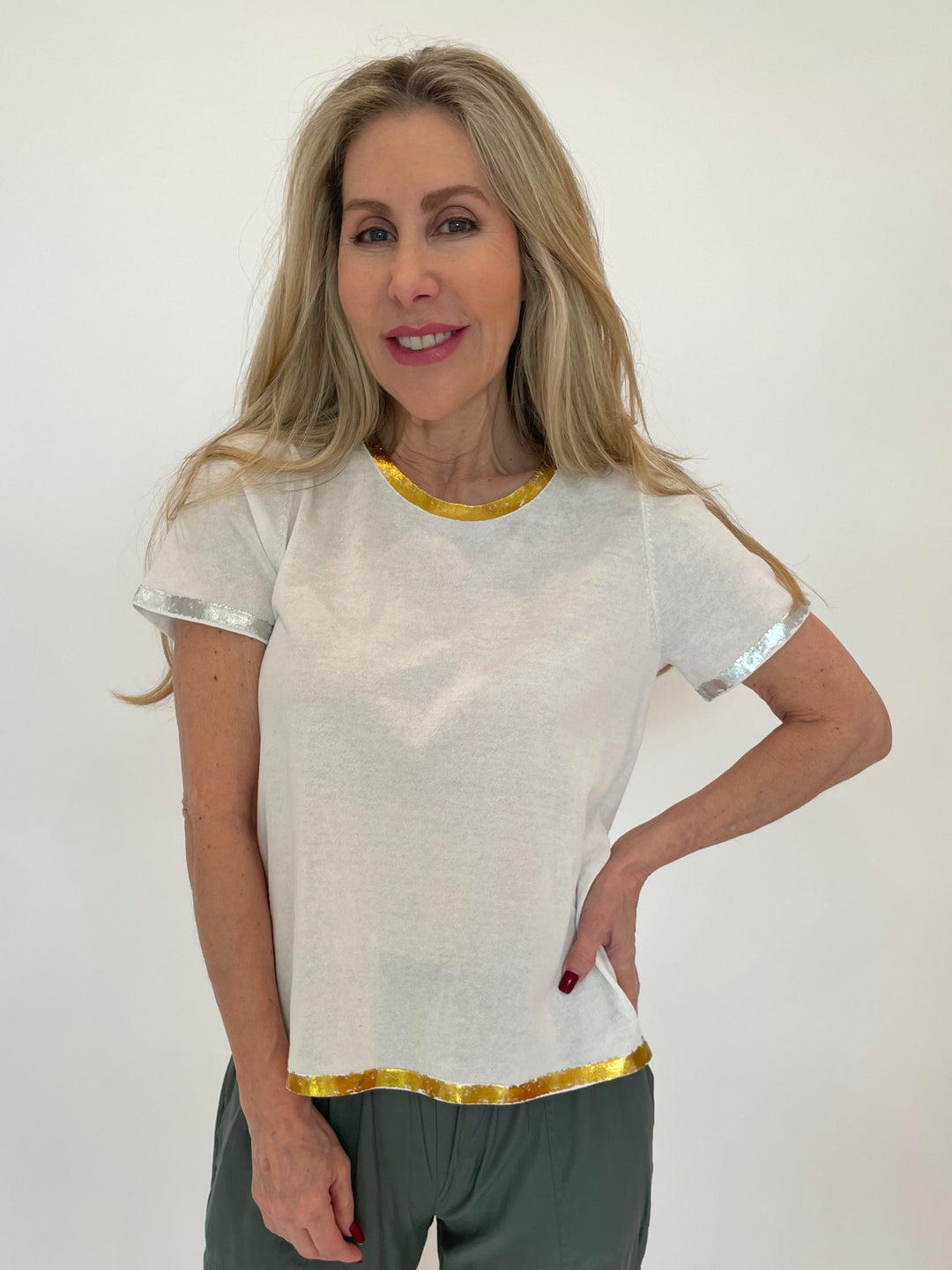 Peace of Cloth White Sonya Short Sleeve Crew Top With Foil Trim available at Barbara Katz