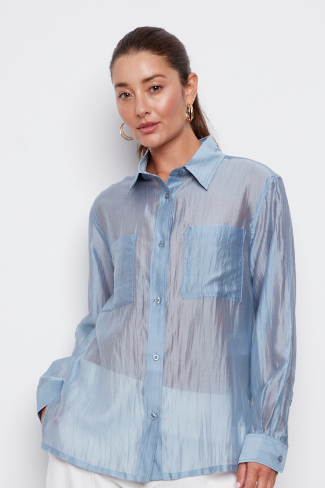 Adroit Atelier Bijou Semi-transparent Button-Front Shirt With Patch Pockets & Side Slits in Slate Blue available at Barbara Katz 