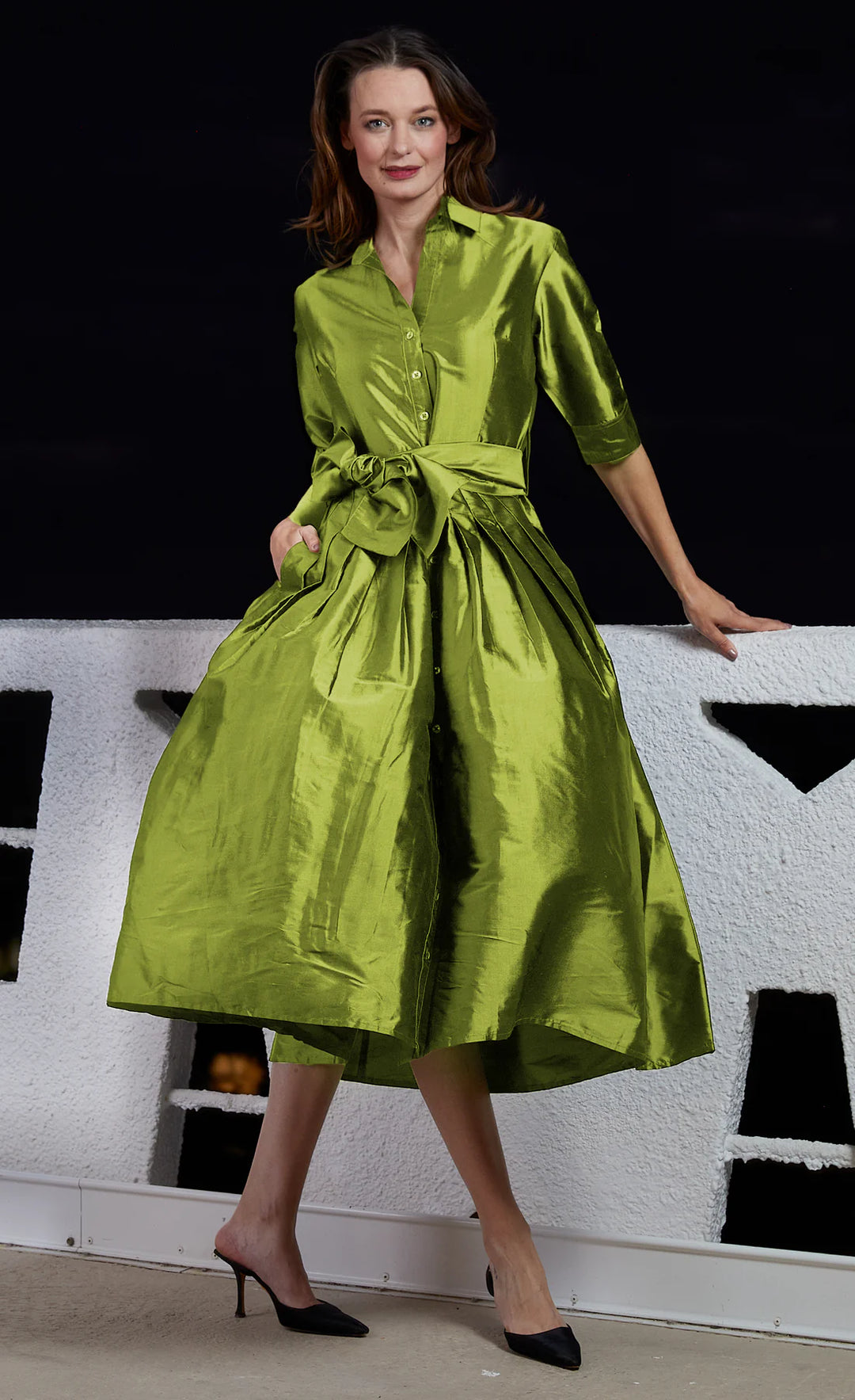 Dizzy-Lizzie Mrs Maisel Tea Length Dress in Green available at Barbara Katz