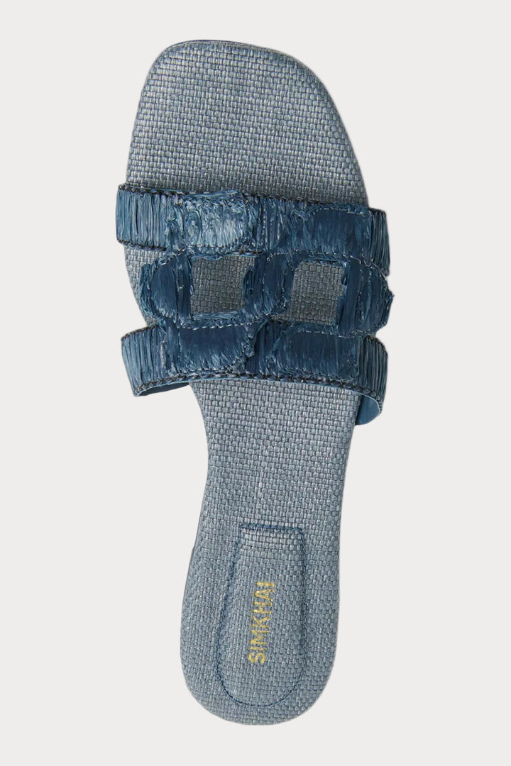 Simkhai Monogram Raffia Flat Slides in Indigo available at Barbara Katz