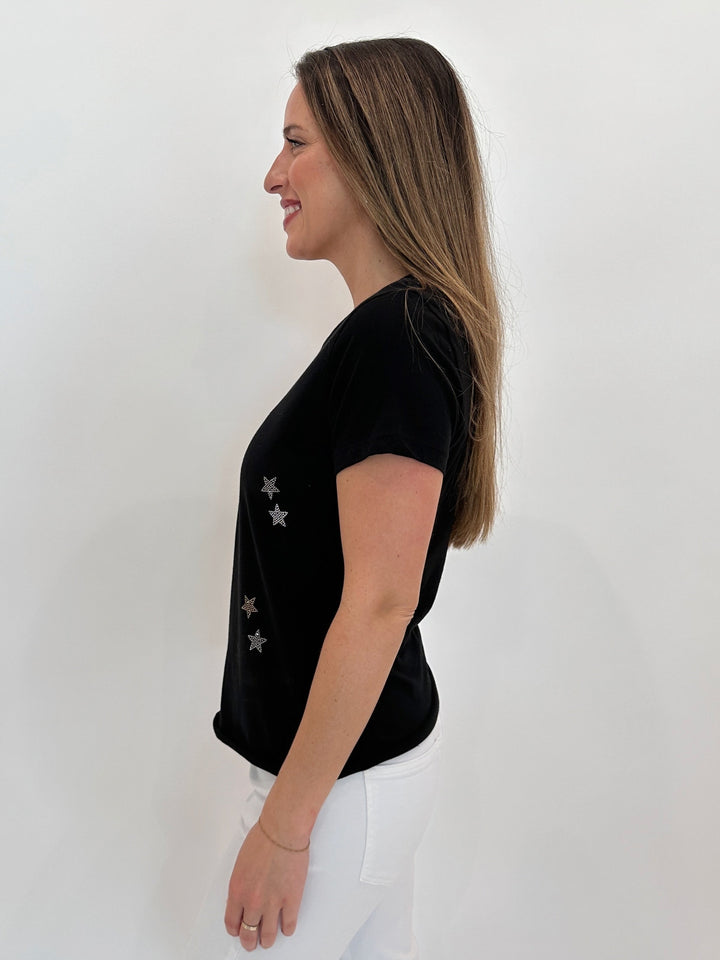 Suzy T Crystal Stars T-Shirt in Black available at Barbara Katz