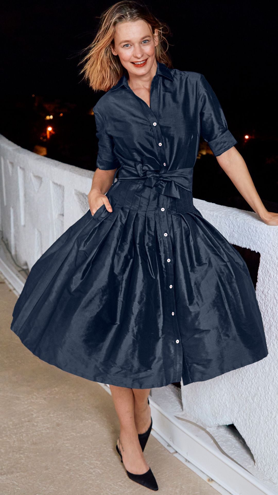 DIzzy-Lizzie Mrs Maisel Silk Dress in Navy available at Barbara Katz