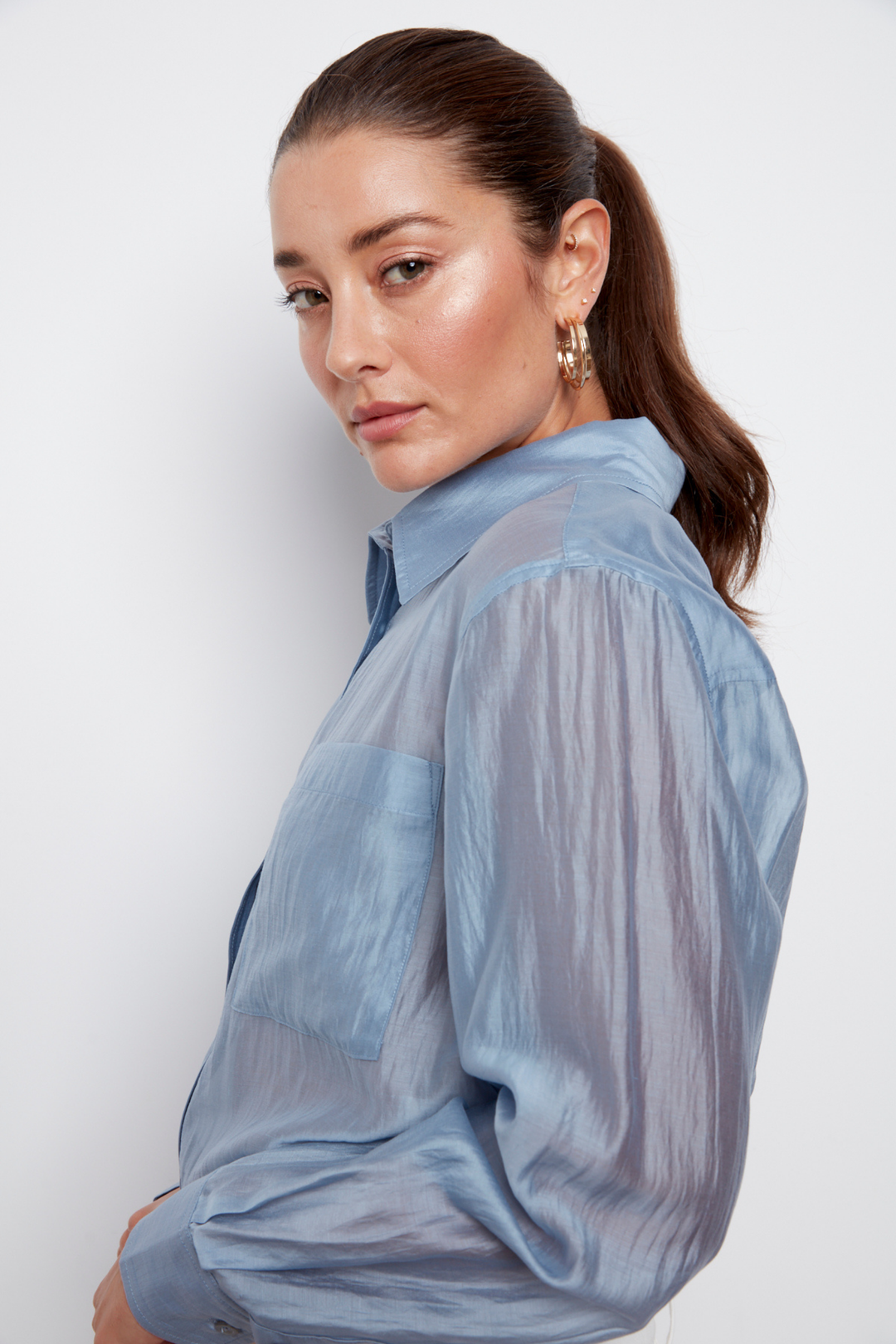 Adroit Atelier Bijou Semi-transparent Button-Front Shirt With Patch Pockets & Side Slits in Slate Blue available at Barbara Katz 