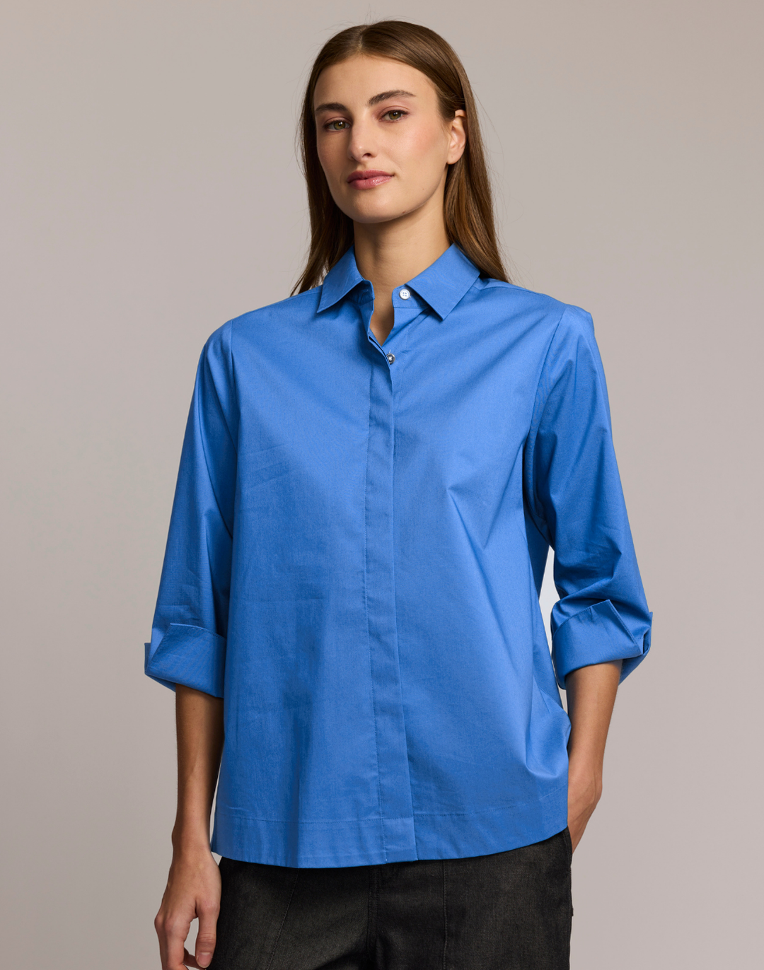 Hinson Wu Xena 3/4 Sleeve Zip Back Shirt in Lake Blue available at Barbara Katz