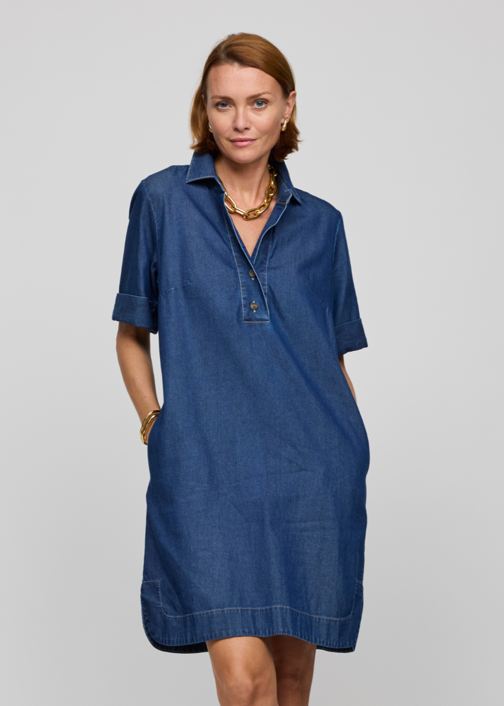 Hinson Wu Aileen Short Sleeve Denim Tencel Dress in Dark Wash available at Barbara Katz