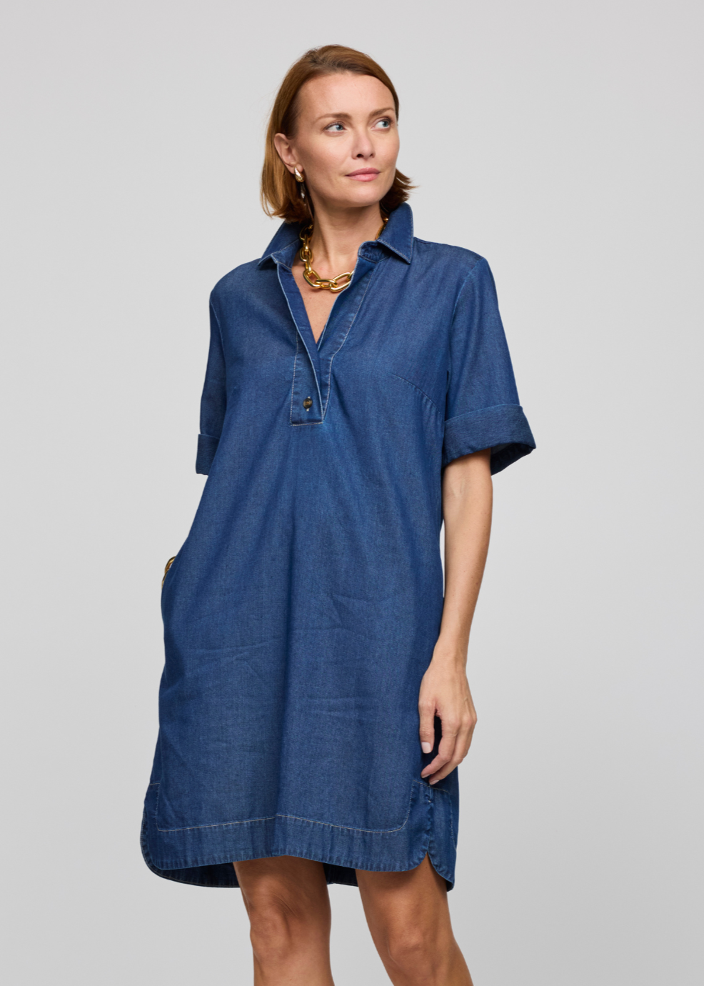 Hinson Wu Aileen Short Sleeve Denim Tencel Dress in Dark Wash available at Barbara Katz