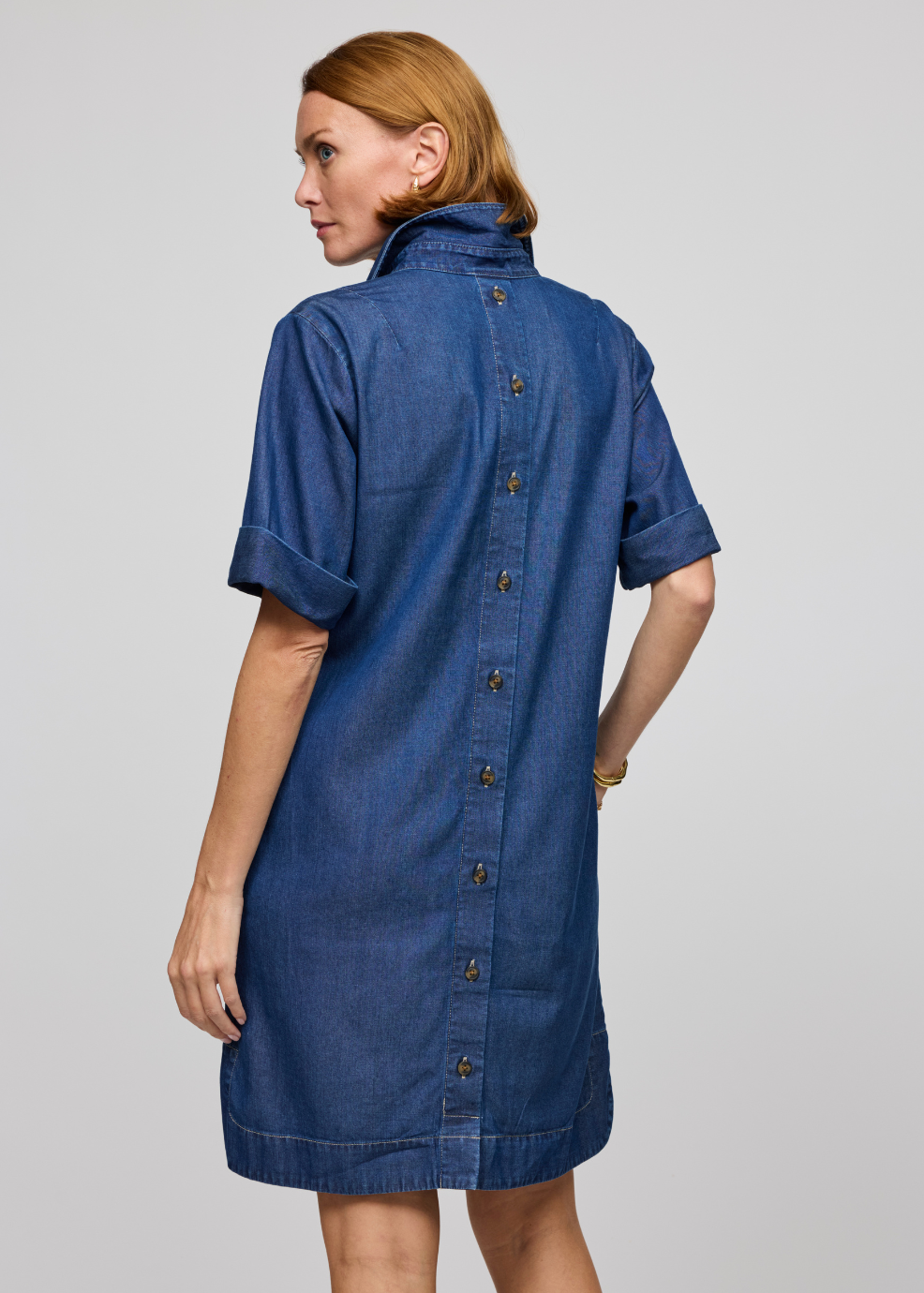 Hinson Wu Aileen Short Sleeve Denim Tencel Dress in Dark Wash available at Barbara Katz