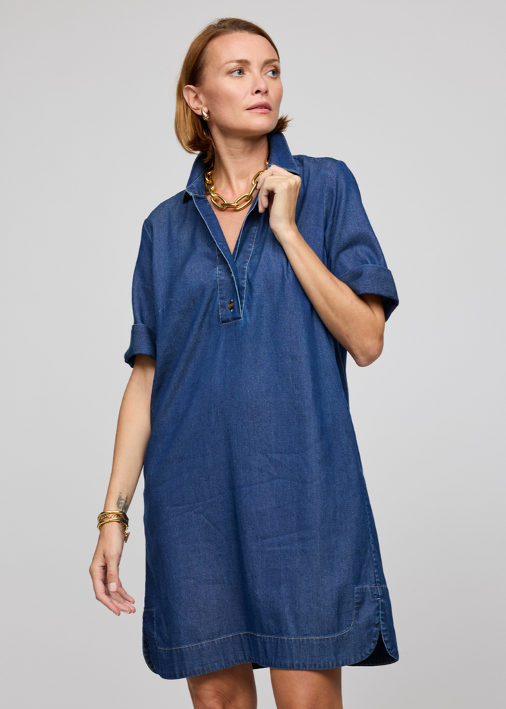 Hinson Wu Aileen Short Sleeve Denim Tencel Dress in Dark Wash available at Barbara Katz