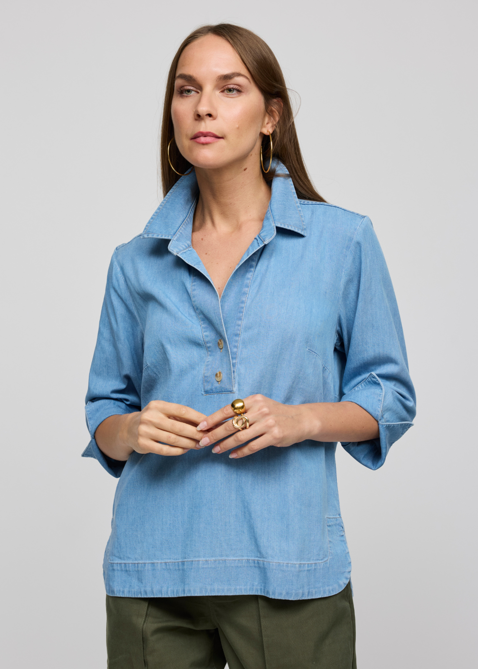 Hinson Wu Aileen 3/4 Sleeve Denim Tencel Shirt in Light Wash available at Barbara Katz